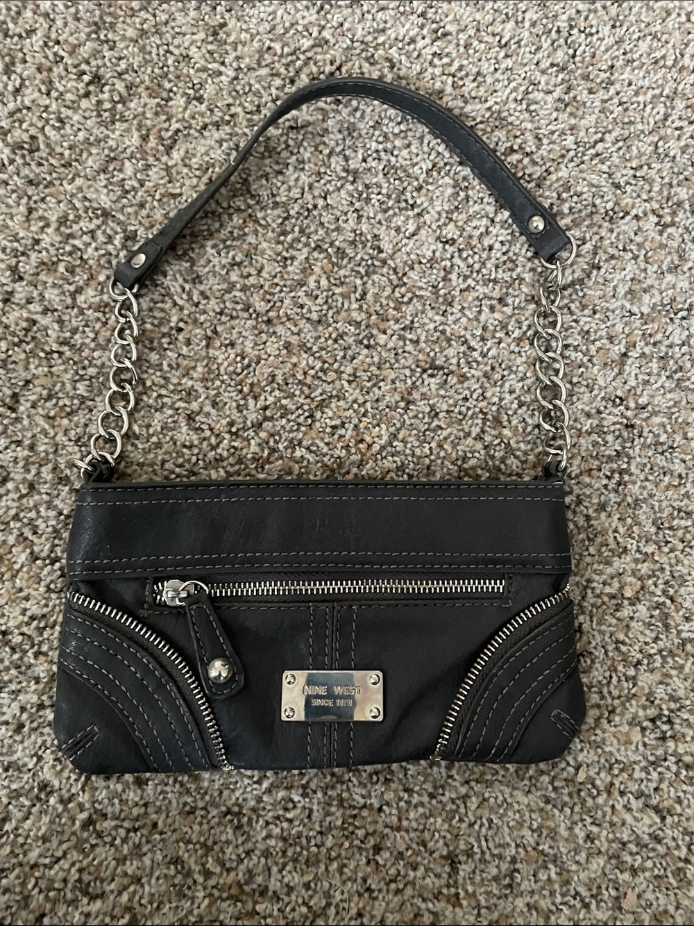 Nine West Black Leather Wristlet with Silver Chain Handle
